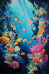 Obraz premium A vibrant school of tropical fish swimming through a coral reef, their scales reflecting a rainbow of colors. The intricate underwater world is teeming with marine life, from sea anemones to starfish.