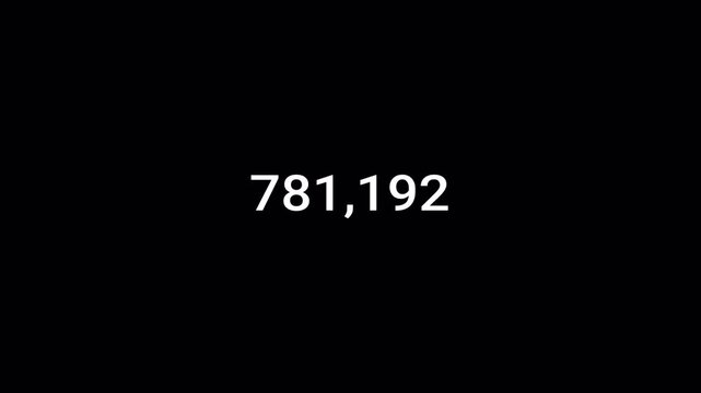 number counter animation from zero to one million on a transparent background, one million Animated counting Numbers from 0 to 1,000,000 with alpha channel for likes, views, amount concepts in 4k.