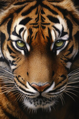 A highly detailed, close up portrait of a Bengal tiger staring directly at the viewer. The golden orange fur contrasts sharply with the bold black stripes, and the intensity of its piercing green eyes