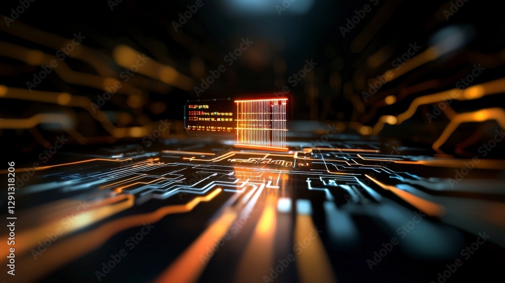 Poster futuristic abstract circuit board with glowing elements and data transmission in dark environment