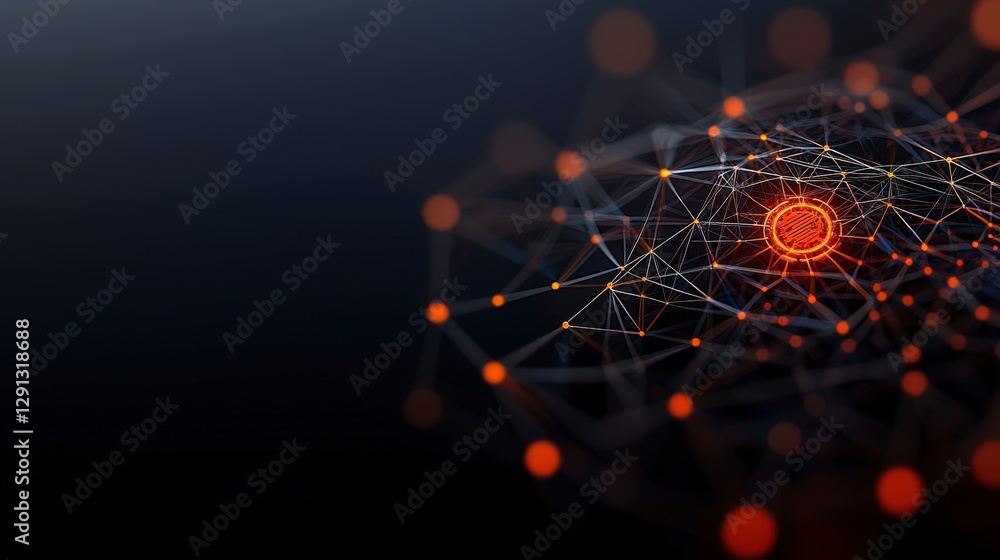 Poster abstract futuristic digital network with orange nodes and geometric connections in dark background