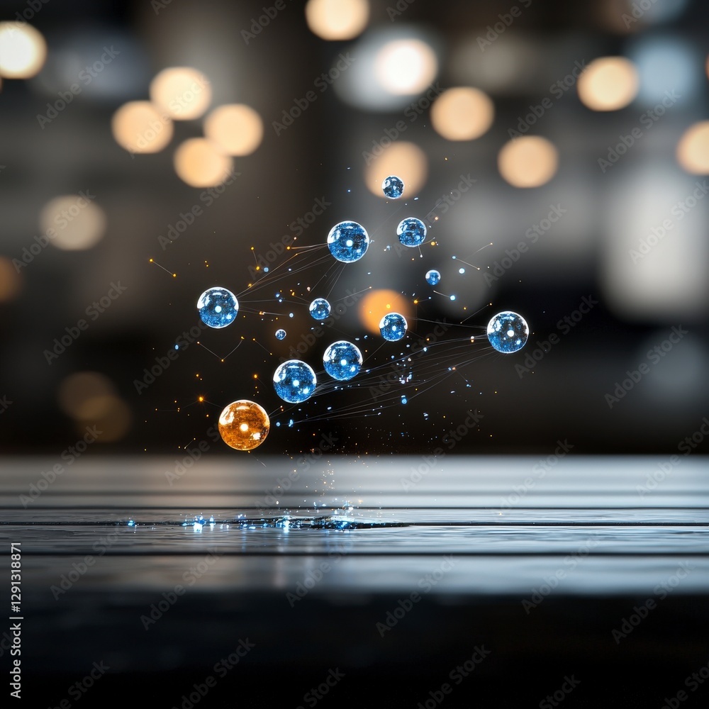 Poster vibrant bubbles floating above a wooden surface with soft bokeh background and sparkling light refle
