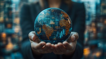 Fototapeta premium Professional holding a futuristic globe with financial arrows pointing up, market development and progress, vector