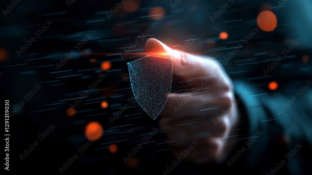 Poster hand holding shield under dynamic light with motion blur and bokeh effects creating an intense and d