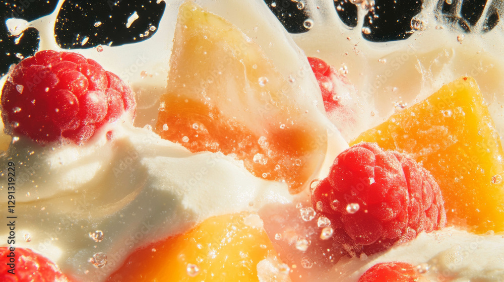 Poster creamy delight with raspberries and mango splashing in milk