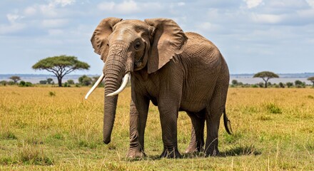 Obraz premium A Regal African Elephant Walking Through a Sunlit Savanna in the Maasai Mara. Highlight Its Textured, Wrinkled Skin, Large Flapping Ears, and Powerful Tusks 