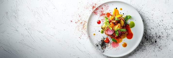 3d background minimalistic mockup with space for text, gourmet plated dish with colorful sauces artistically splattered