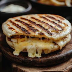 Freshly Grilled Arepa with Melted Cheese Oozing from the Sides