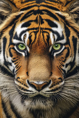 Fototapeta premium A highly detailed, close up portrait of a Bengal tiger staring directly at the viewer. The golden orange fur contrasts sharply with the bold black stripes, and the intensity of its piercing green eyes