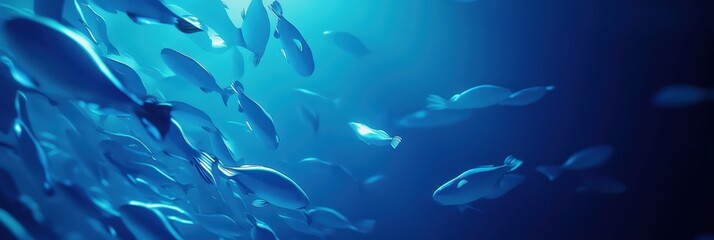 3d background minimalistic mockup with space for text, glowing fish swimming through a deep blue gradient