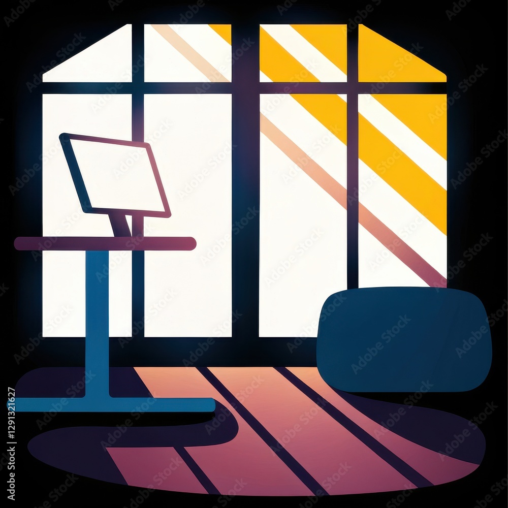 Aufkleber a minimalist interior scene featuring a desk with a monitor and a window casting striped sunlight on