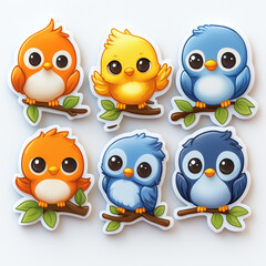 Fototapeta premium sticker bundle of adorable baby birds, such as a chirping chick, a fluffy owl, a tiny bluebird, and a happy toucan generative AI