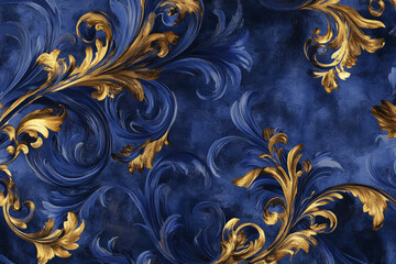 Illustration of a luxurious baroque style floral pattern in deep royal blue and shimmering gold. The ornate swirling leaves and intricate details create an opulent and elegant aesthetic, perfect for