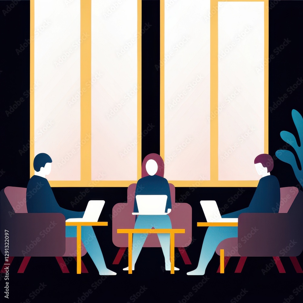 Aufkleber three people are collaborating around a table with laptops in a modern, bright setting, featuring la