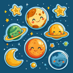 Printable sticker bundle of silly, sleepy planets with tiny moons orbiting around them generative AI