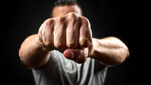A man confidently extends his arm forward with a clenched fist, symbolizing determination and strength. The dynamic pose captures a moment of empowerment and assertiveness in action.