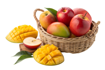 Fresh Juicy Mangoes and Apples in Wicker Basket on White Background