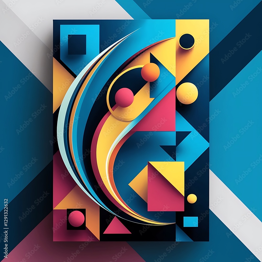 Poster modern design horizontal poster with bright colorful abstract geometric elements and curve lines fla