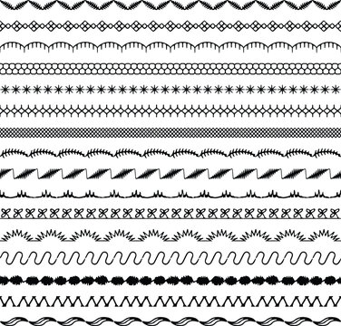 hand drawn embroidery stitched black vector borders.