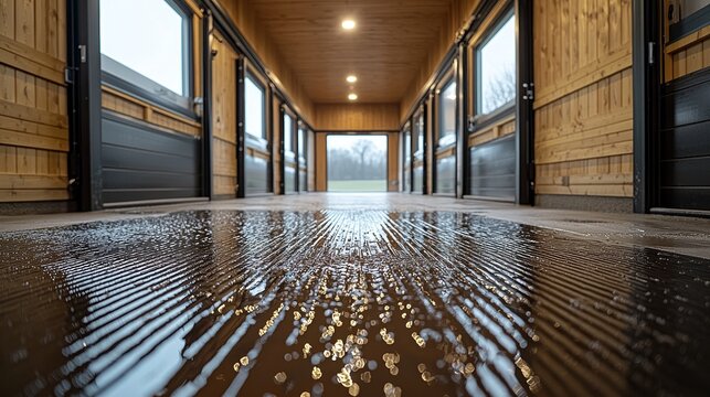Reflective corridor of a rustic stable with wet floor and natural light guiding towards open doors