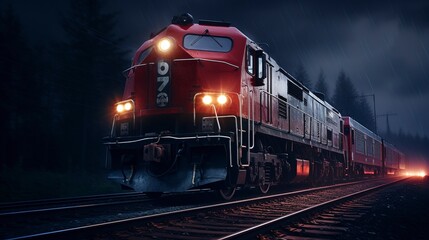 Obraz premium A photo of a train with sleek LED headlights glowing.