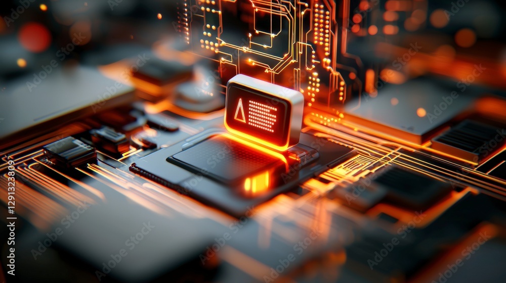 Poster abstract electronic circuit board with luminous components and warning sign, glowing circuitry backg