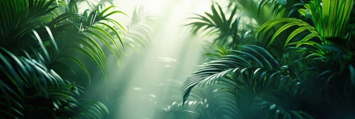 3d background minimalistic mockup with space for text, lush tropical jungle with bright green foliage and soft mist