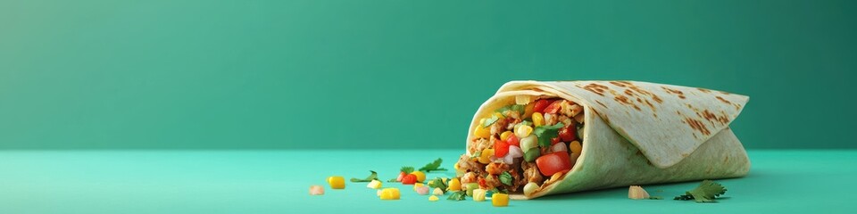 3d background minimalistic mockup with space for text Giant Burrito with Spilling Fillings on Soft Fiesta Green Background