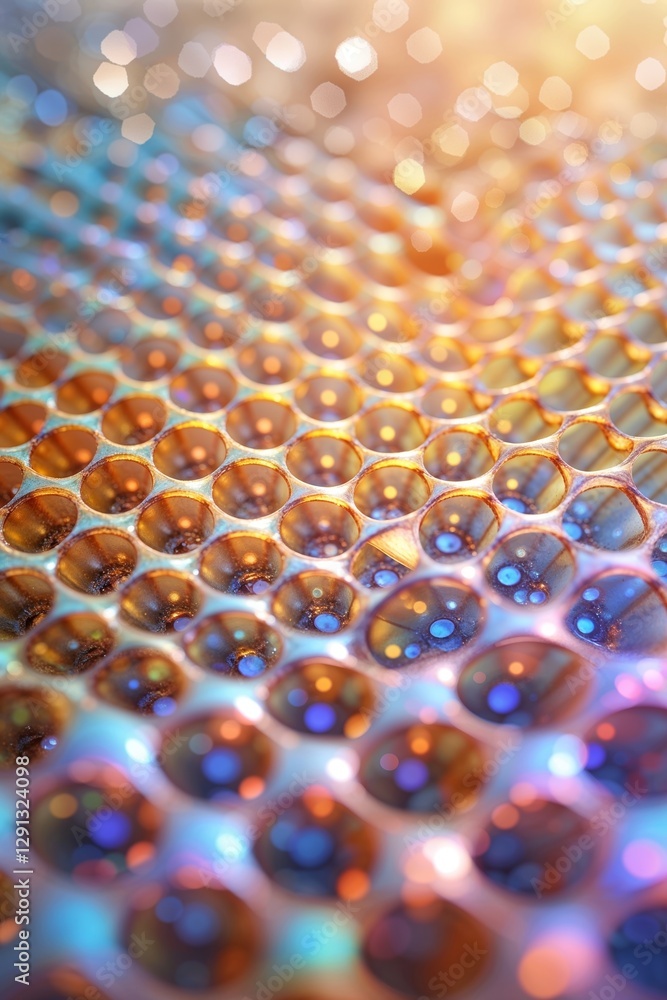 Poster brightly colored honeycomb pattern reflects light in an artistic display showcasing details and text