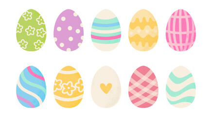 Easter eggs collection, colourful decorated eggs. Pastel colours. Perfect for spring, holiday decor, invitations, festive designs. Vector illustration