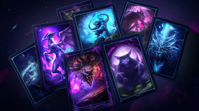 Fantasy-themed magical creature cards glowing in the dark.