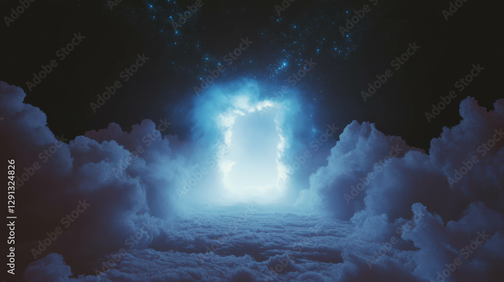 Poster mysterious ethereal portal with divine light amidst cloudy sky
