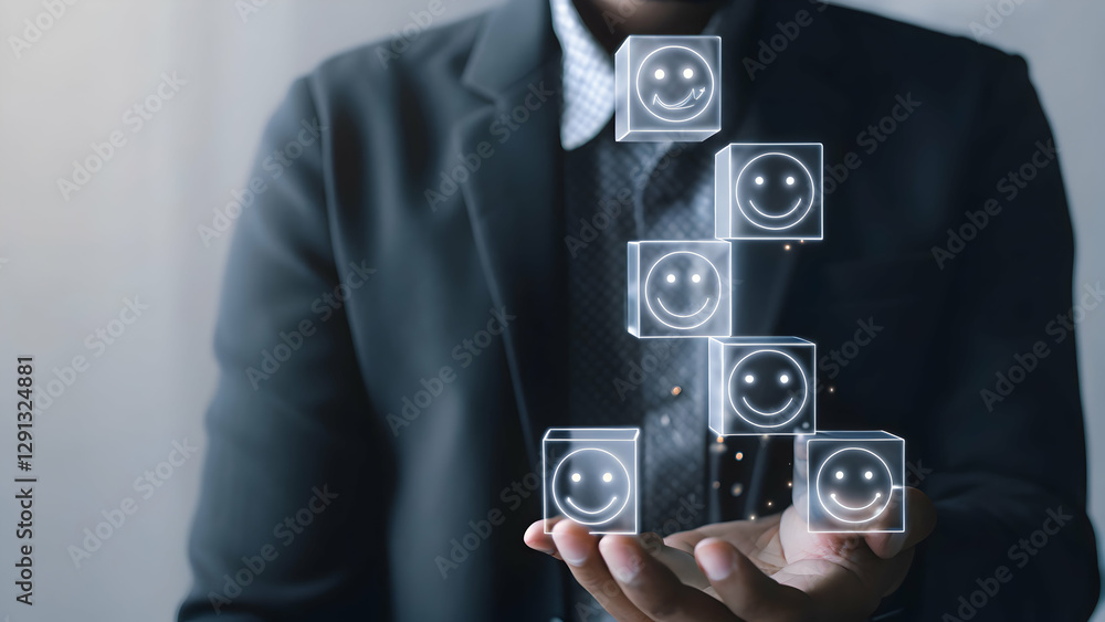 Aufkleber visual representation of customer sentiment: floating cubes with happy and sad emoticons for feedbac