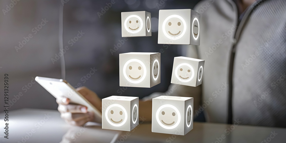 Aufkleber visual representation of customer sentiment: floating cubes with happy and sad emoticons for feedbac