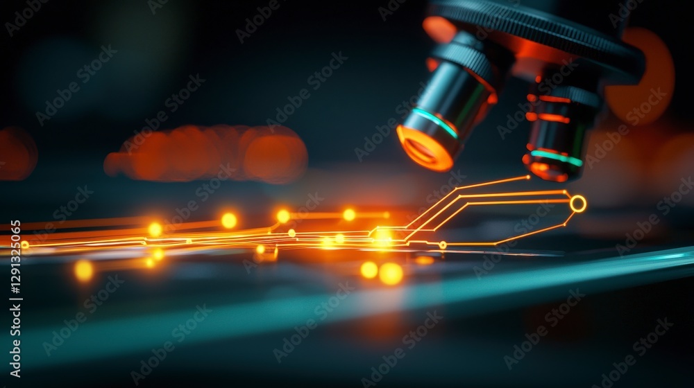 Poster close-up view of microscope focusing on circuit board with glowing connections and modern technology