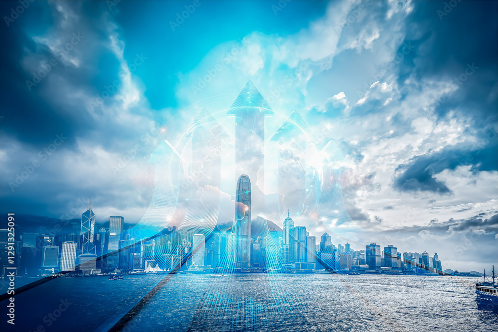 Aufkleber hong kong cityscape with a conceptual upward arrow symbolizes business growth and growing up in a th