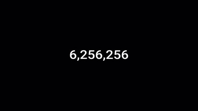 number counter animation 0 to 10,000,000 on a transparent background, ten million Animated counting Numbers from 0 to 10,000,000 with alpha channel for likes, views, amount concepts in 4k.
