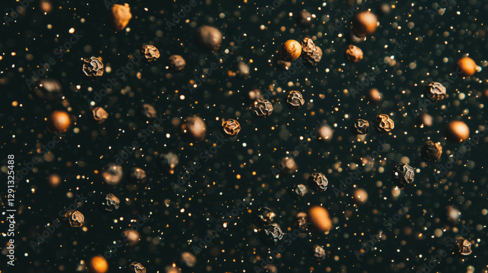 Poster Dynamic background of drifting black peppercorns with detailed texture for culinary and design inspiration