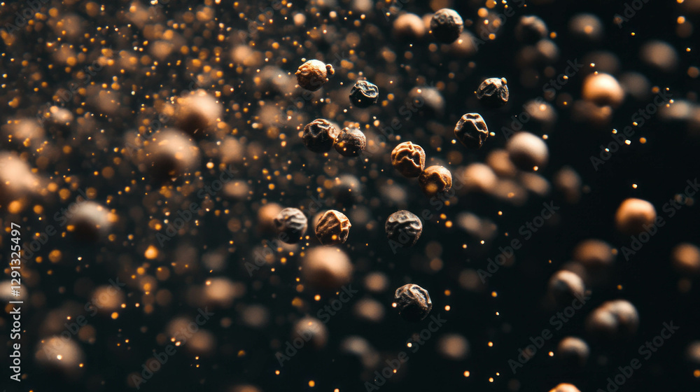 Aufkleber Dynamic background of drifting black peppercorns with texture and depth
