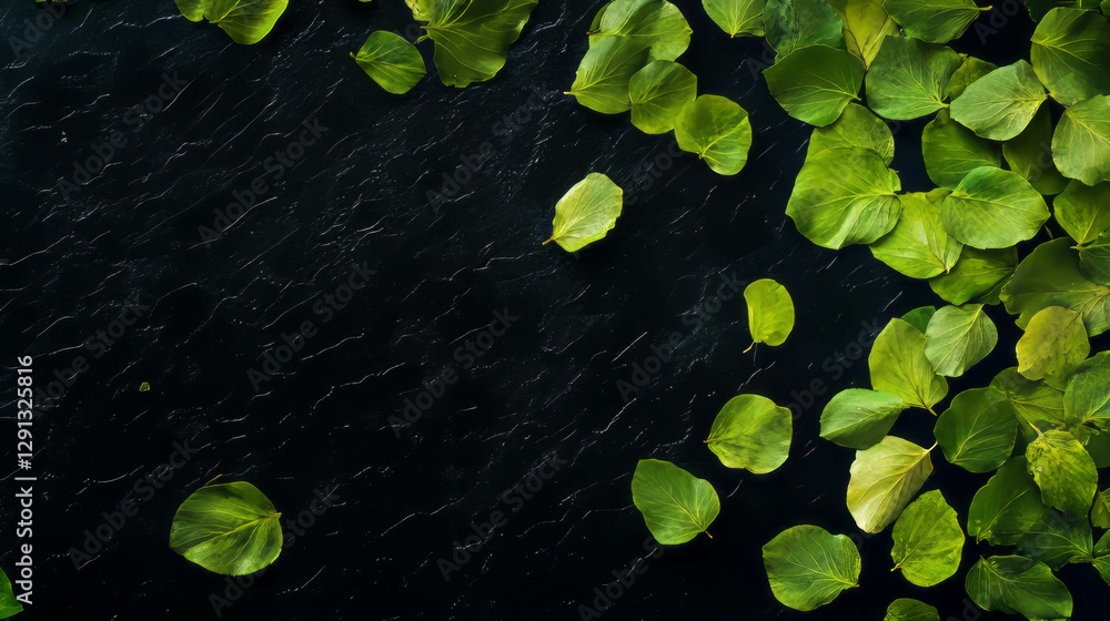 Poster tranquil background of drifting chartreuse green leaves on a dark surface