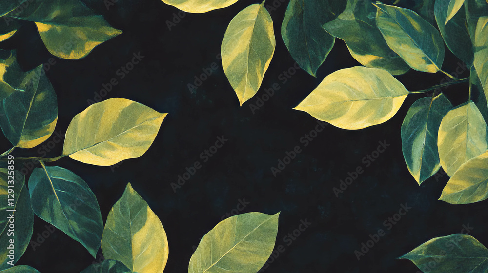Poster drifting chartreuse green leaves with dark background for nature or botanical design