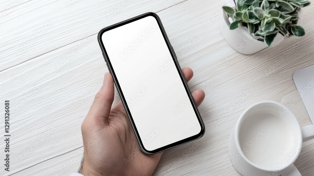 Poster close-up view of a businessman focused on using a smartphone with a blank screen while seated at a s