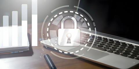 Glowing lock symbol over financial or transactional data to signify secure transactions and data protection in financial services. concept as Visual of a glowing lock symbol overlaying financial or tr