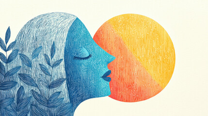 Quixotic flat illustration, A stylized illustration of a woman's profile against a vibrant sun, combining nature and serenity.