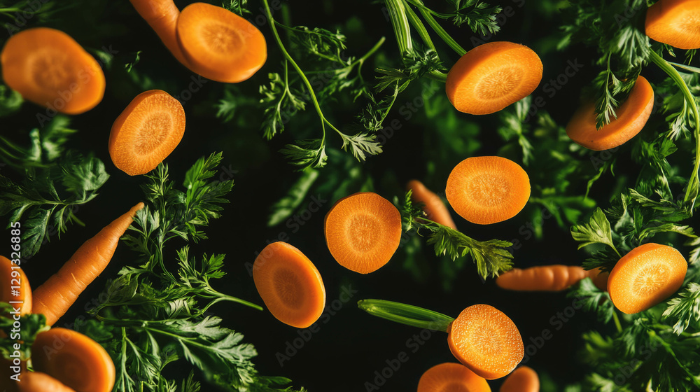 Poster vibrant background of floating halved carrots and orange slices for creative design