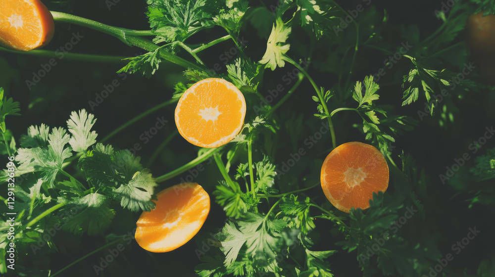 Poster vibrant background of drifting halved oranges and carrots with fresh greenery for natural design