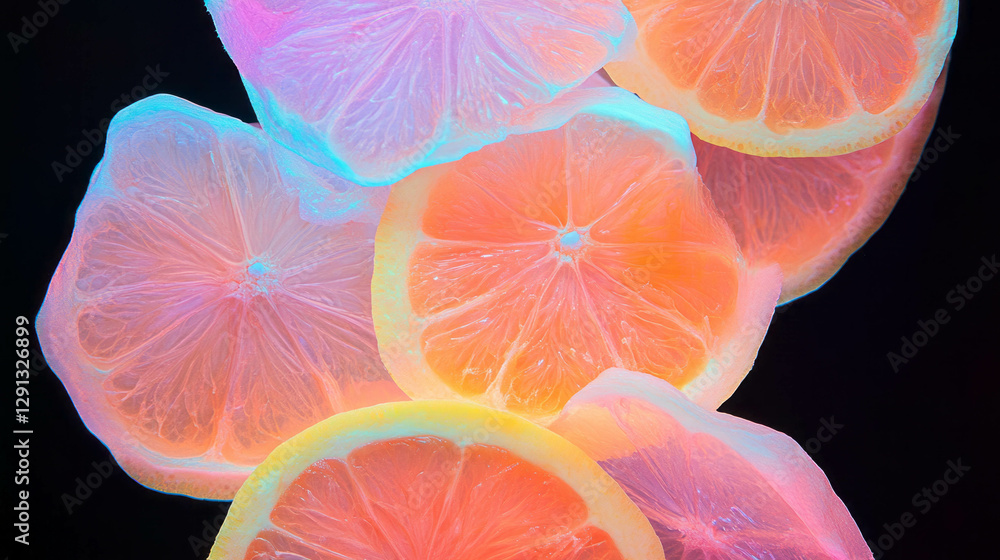 Poster Vibrant neon grapefruit slices on a dark background for modern design concepts