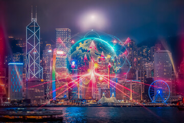 Fototapeta premium Hong Kong at night showcases a business concept growing, with vibrant lines connecting the cityscape, symbolizing urban development.