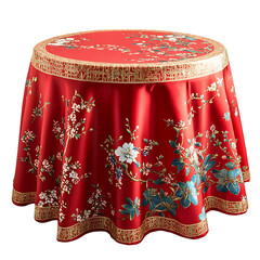 A Traditional Chinese Red Silk Tablecloth with Festive Gold Trim and Floral Design Isolated on Transparent Background