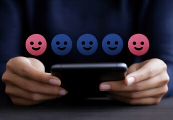 Person Holding Smartphone with Smiley Face Feedback Icons Display